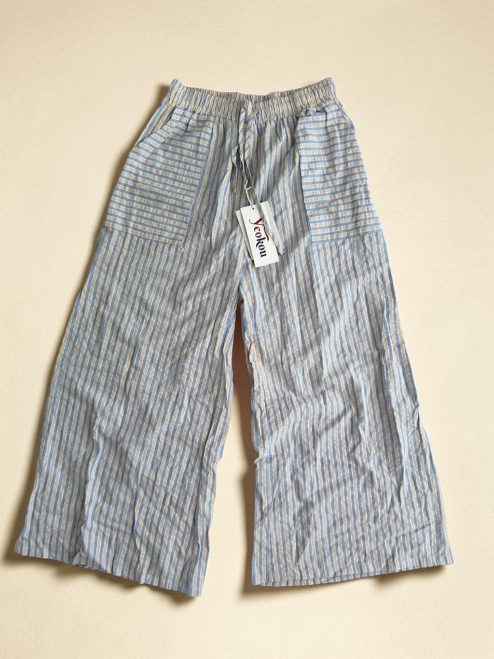 YEOKUO Blue Striped Wide Leg Pants Size L NEW NWT